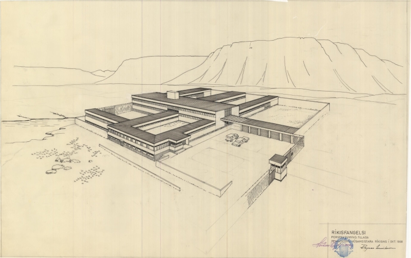 Teikning af fangelsi sem fyrirhugað var í Mosfellssveit